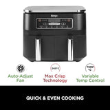 Ninja Foodi Dual Zone Digital Air Fryer, 2 Drawers, 7.6L, 6-in-1, Uses No Oil, Air Fry, Max Crisp, Roast, Bake, Reheat, Dehydrate, Cooks 4-6 Portions, Non-Stick, Dishwasher Safe Baskets, Black AF300UK