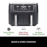 Ninja Foodi MAX Dual Zone Digital Air Fryer, 2 Drawers, 9.5L, 6-in-1, Uses No Oil, Max Crisp, Roast, Bake, Reheat, Dehydrate, Cook 8 Portions, Non-Stick Dishwasher Safe Baskets, Black AF400UK