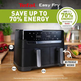 Tefal Easy Fry Dual Zone Digital Air Fryer, 2 Drawers, 8.3L, 8in1, Air Fry, Extra Crisp, Roast, Bake, Reheat, Dehydrate, 6 Portions, Non-Stick, Dishwasher Safe Baskets, Black & Metal EY901840