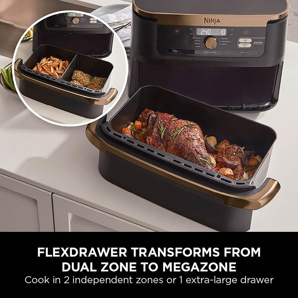 Ninja Foodi FlexDrawer Air Fryer, Dual Zone with Removable Divider, Large 10.4L Drawer, 7-in-1, Air-Fryer, Air Fry, Roast, Bake, Crisp, Non-Stick Dishwasher Safe Parts, Black and Copper, AF500UKCP