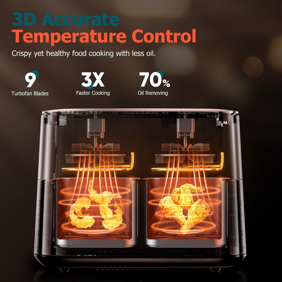 9L Dual Air Fryer with Visual Window, XL Large Capacity, 2 Drawers, 9-In-1 Cooking Presets, Touch Screen, Smart Finish, Timer Function, Dishwasher-Safe, Healthy Oil Free & Low Fat Cooking