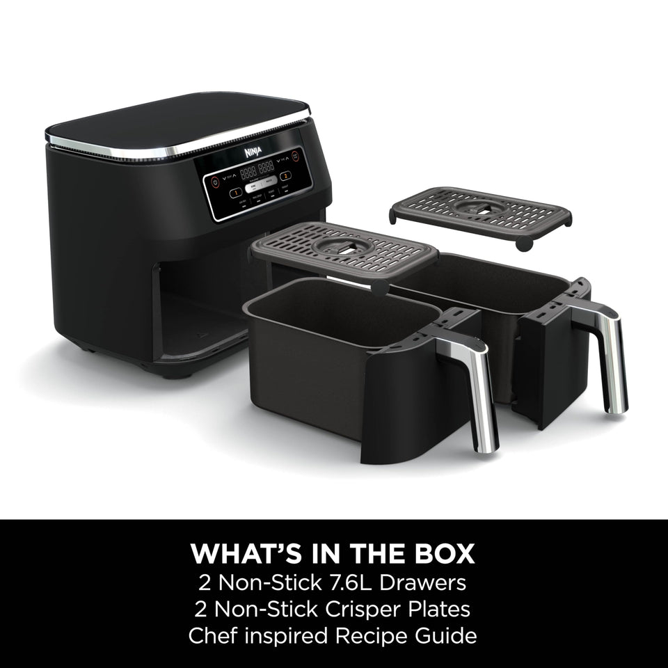 Ninja Foodi Dual Zone Digital Air Fryer, 2 Drawers, 7.6L, 4-in-1, Uses No Oil, Air Fry, Max Crisp, Roast, Reheat, Non-Stick, Dishwasher Safe Baskets and Crisper Plates, Black AF200UK